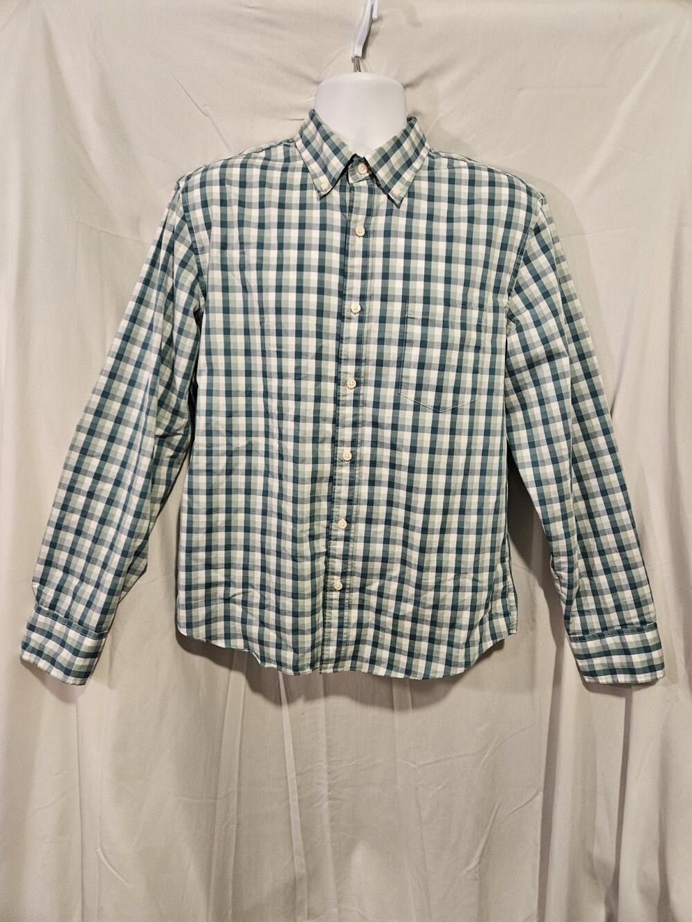 J Crew Mens Shirt, Large, Slim Untucked Flex Washed Green Gingham Button Down